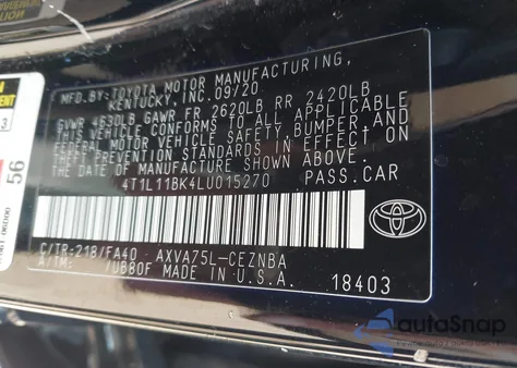 2020 Toyota Camry Le Awd из США, поврежденный, VIN 4T1L11BK4LU015270